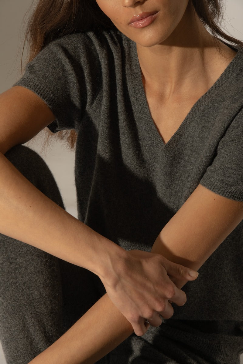 T-Shirt Col V - Efimia - Anthracite Chiné