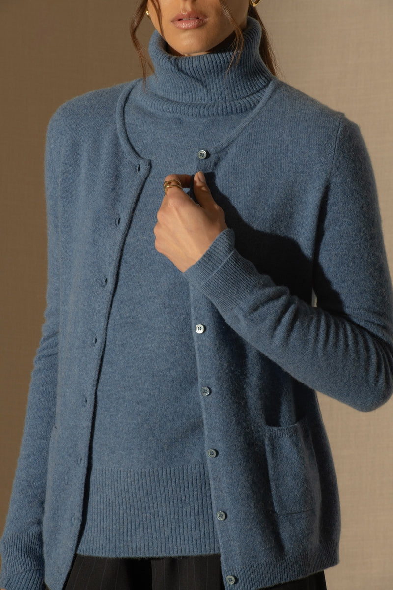 Cardigan - 100% Cachemire 2 Fils - Bleu Denim - Femme
