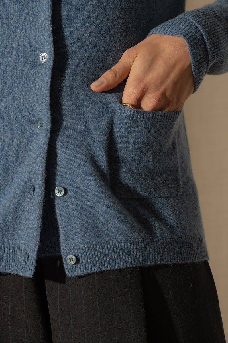 Cardigan - 100% Cachemire 2 Fils - Bleu Denim - Femme