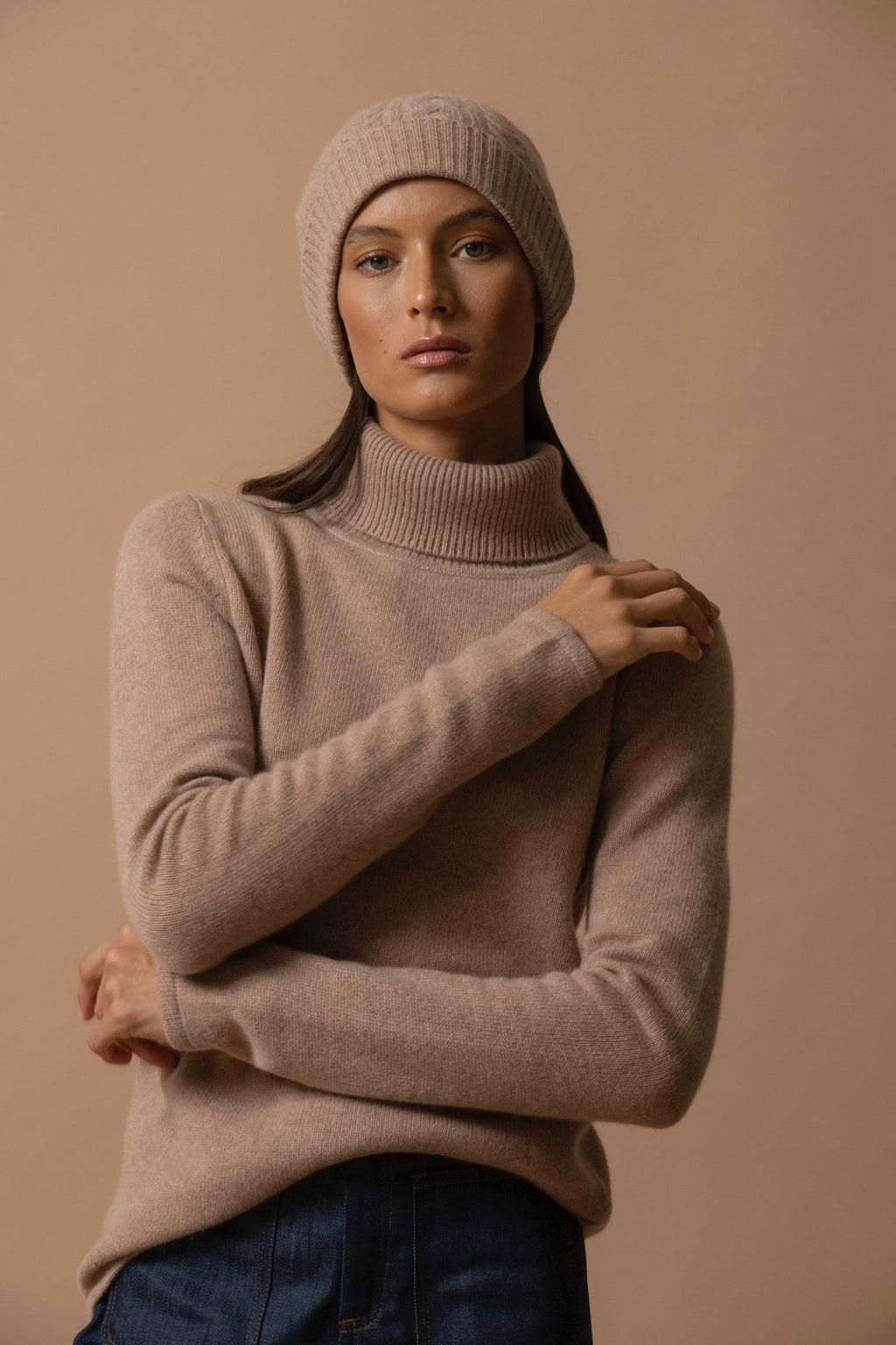 4-Ply Roll Neck Jumper - Willow - Flecked Camel