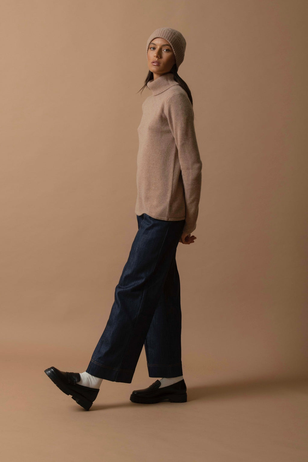 4-Ply Roll Neck Jumper - Willow - Flecked Camel