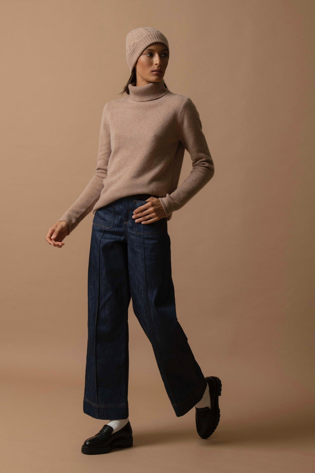 4-Ply Roll Neck Jumper - Willow - Flecked Camel