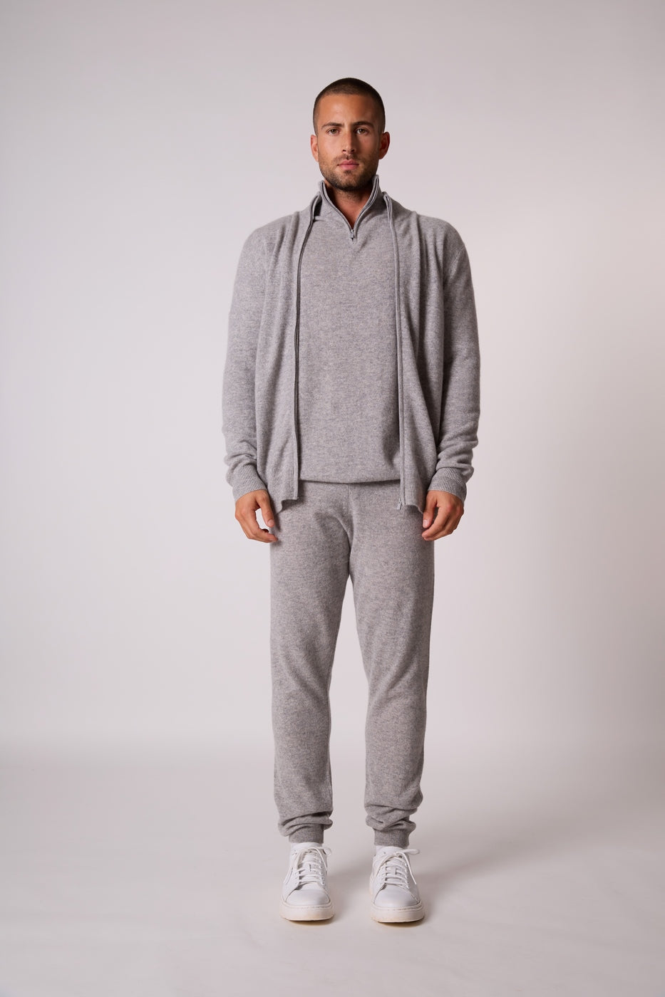 Zipped High-Neck Cardigan - Cody - Heathered Cloud