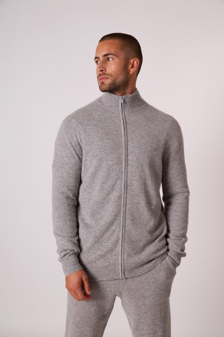 Zipped High-Neck Cardigan - Cody - Heathered Cloud