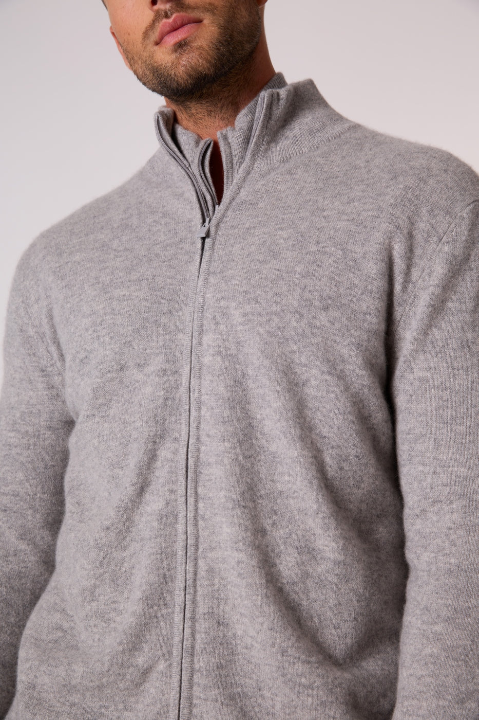 Zipped High-Neck Cardigan - Cody - Heathered Cloud