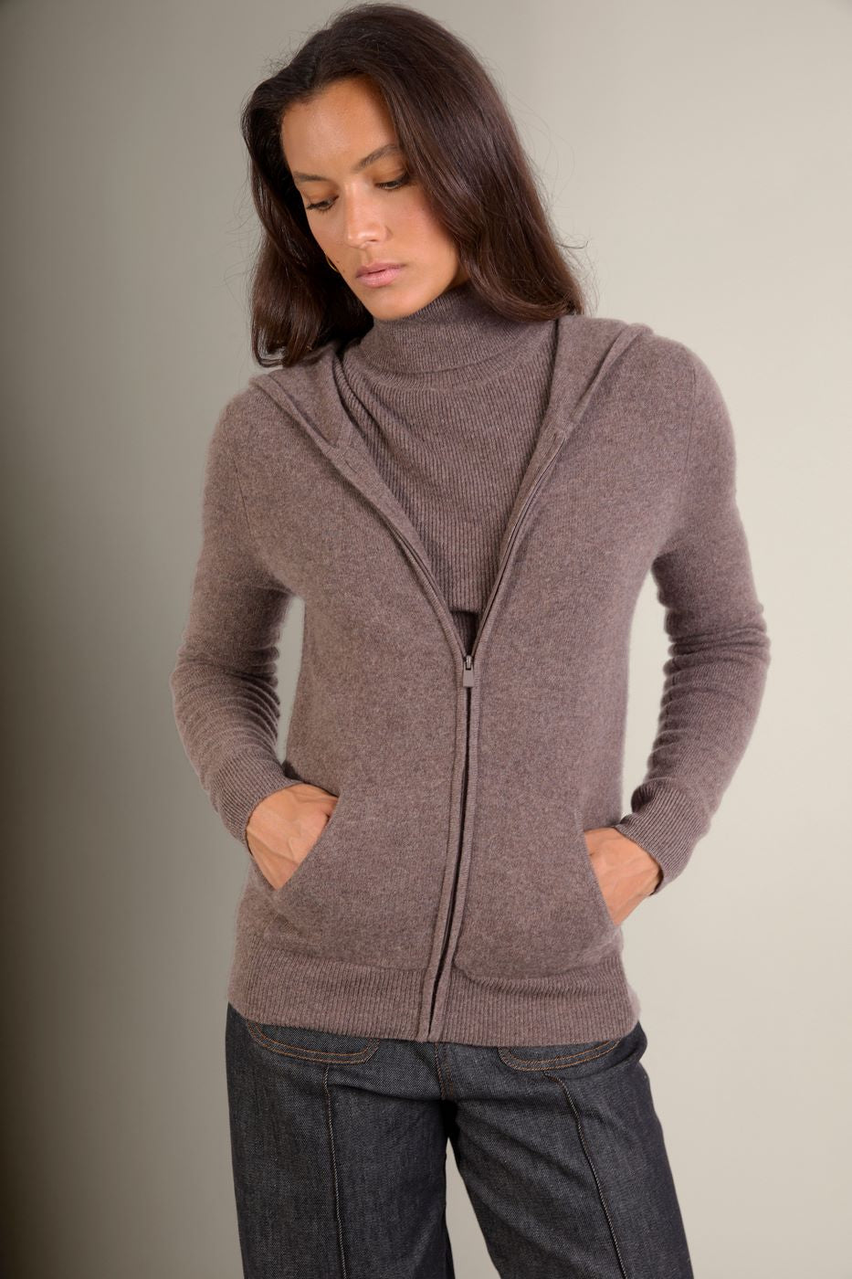 Gilet Zippé Capuche Emma - Taupe Chiné