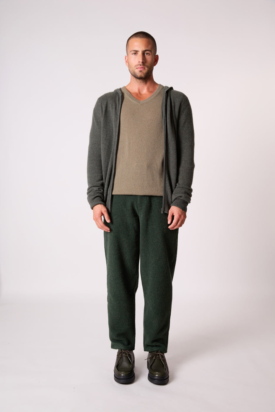 Zipped Hooded Cardigan - Eldo - Khaki Marl