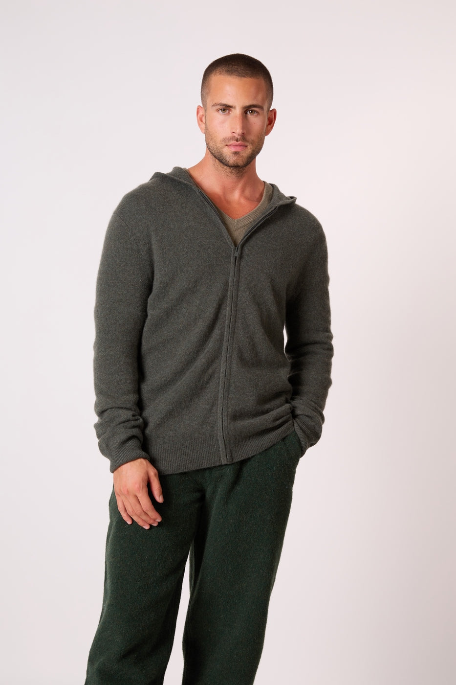 Zipped Hooded Cardigan - Eldo - Khaki Marl
