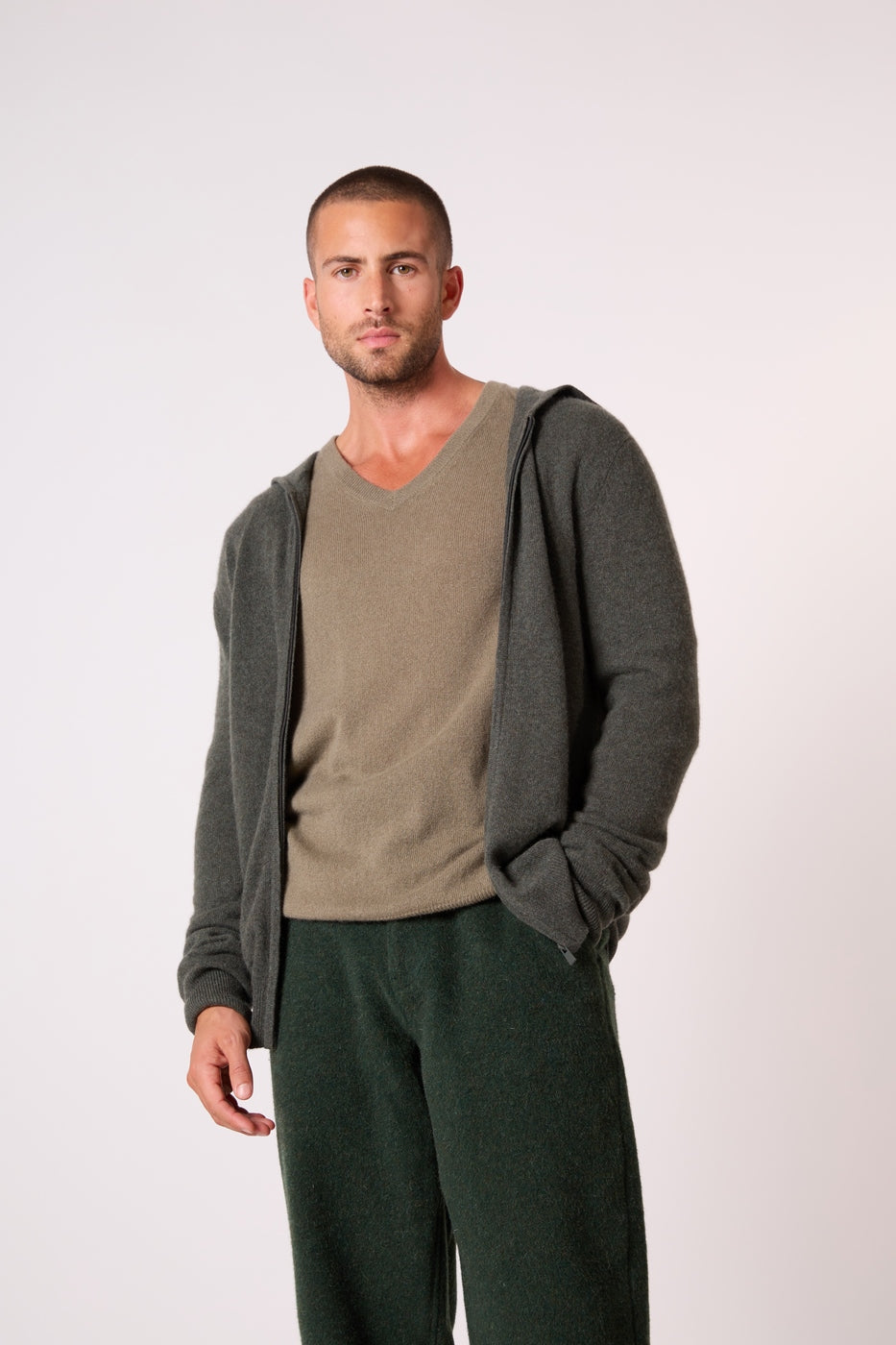Zipped Hooded Cardigan - Eldo - Khaki Marl