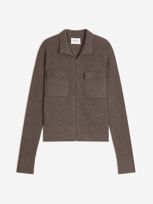 Kort jacka med dragkedja och skjortkrage 4-trådig Sara - Melerad taupe