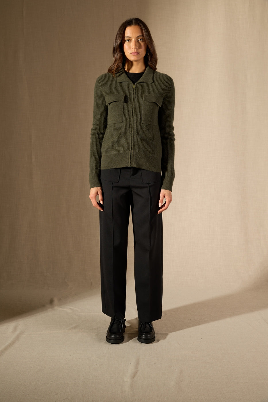 Veste Courte Zippée Col Chemise 4 Fils Sara - Kaki