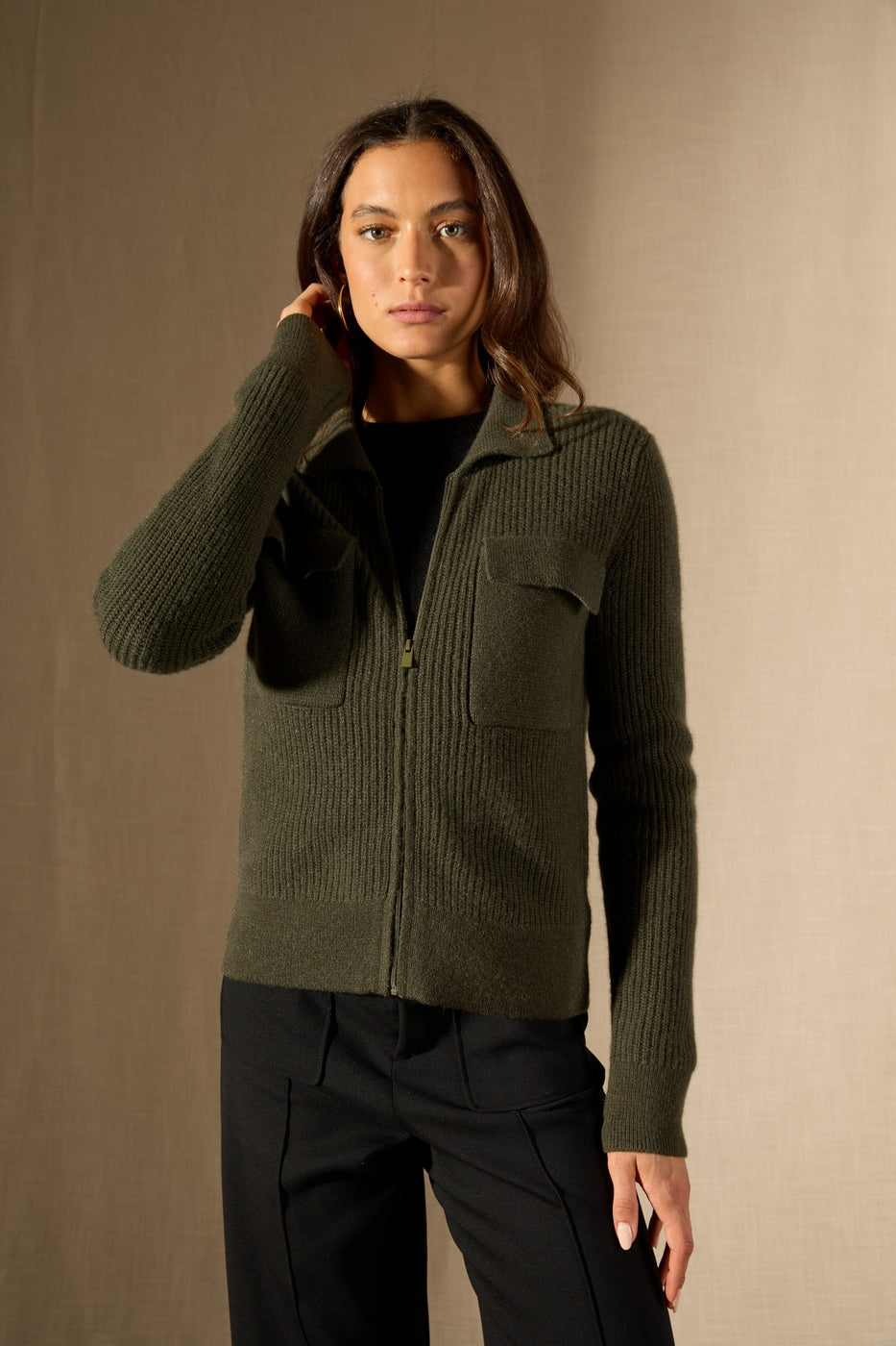 Veste Courte Zippée Col Chemise 4 Fils Sara - Kaki