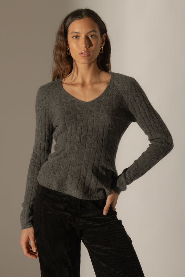 Maglione con Scollo a V a 4 Fili Salome - Antracite Melange