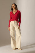 Pull Col Polo Ouvert - Skamar - Framboise