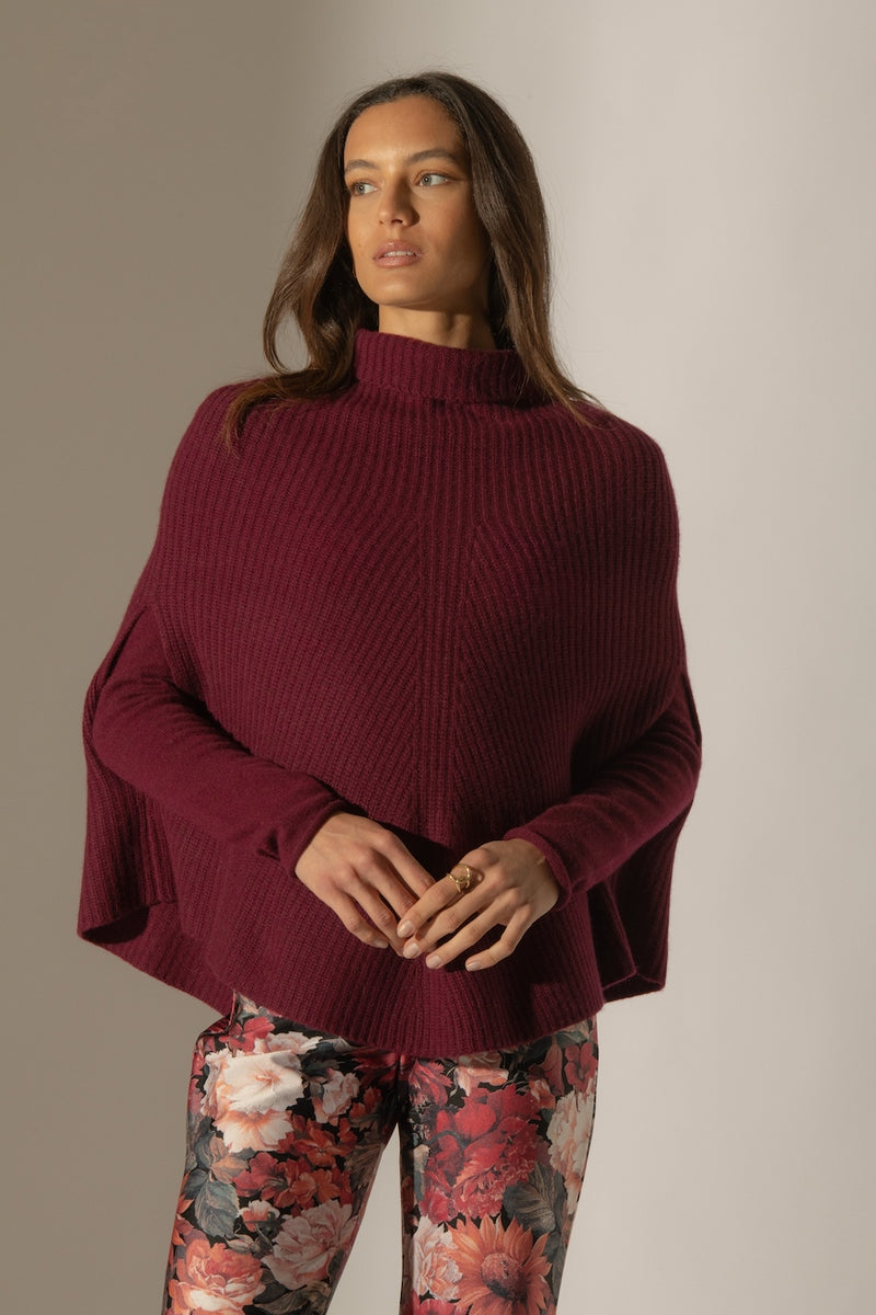 Cape Col Montant Gache - 100% Cachemire 6 Fils - Bordeaux - Femme