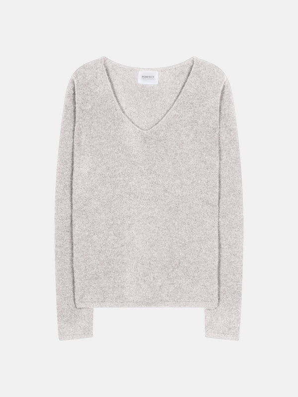 Jersey de cuello en V Shannon - 100% cachemira de 2 hilos - Gris perla jaspeado - Mujer