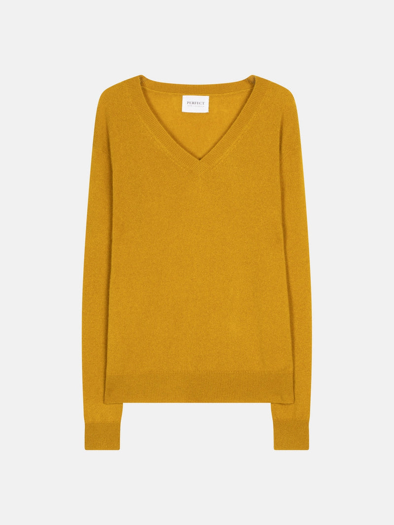 V-neck Sweater - 100% 2-ply Cashmere - Gold - Women