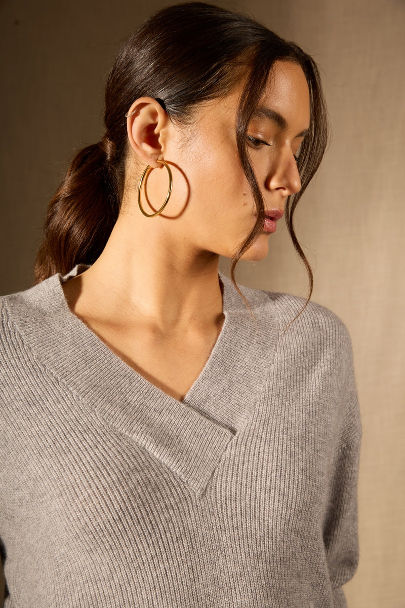 Pull Col V Croisé - Grainne - Gris Souris Chiné