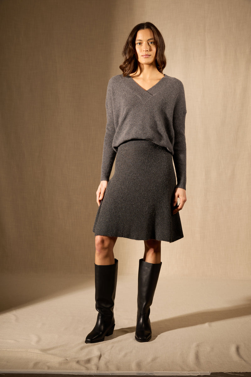 Jupe - 100% Cachemire 2 Fils - Carbone Chiné - Femme