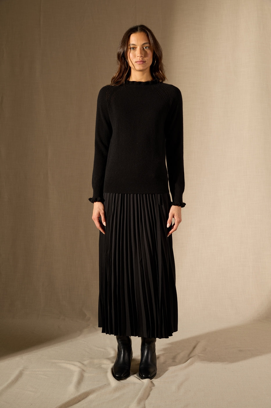 Pull Col Rond Volant Poignet Et Col Arlenia - 100% Cachemire 2 Fils - Noir - Women