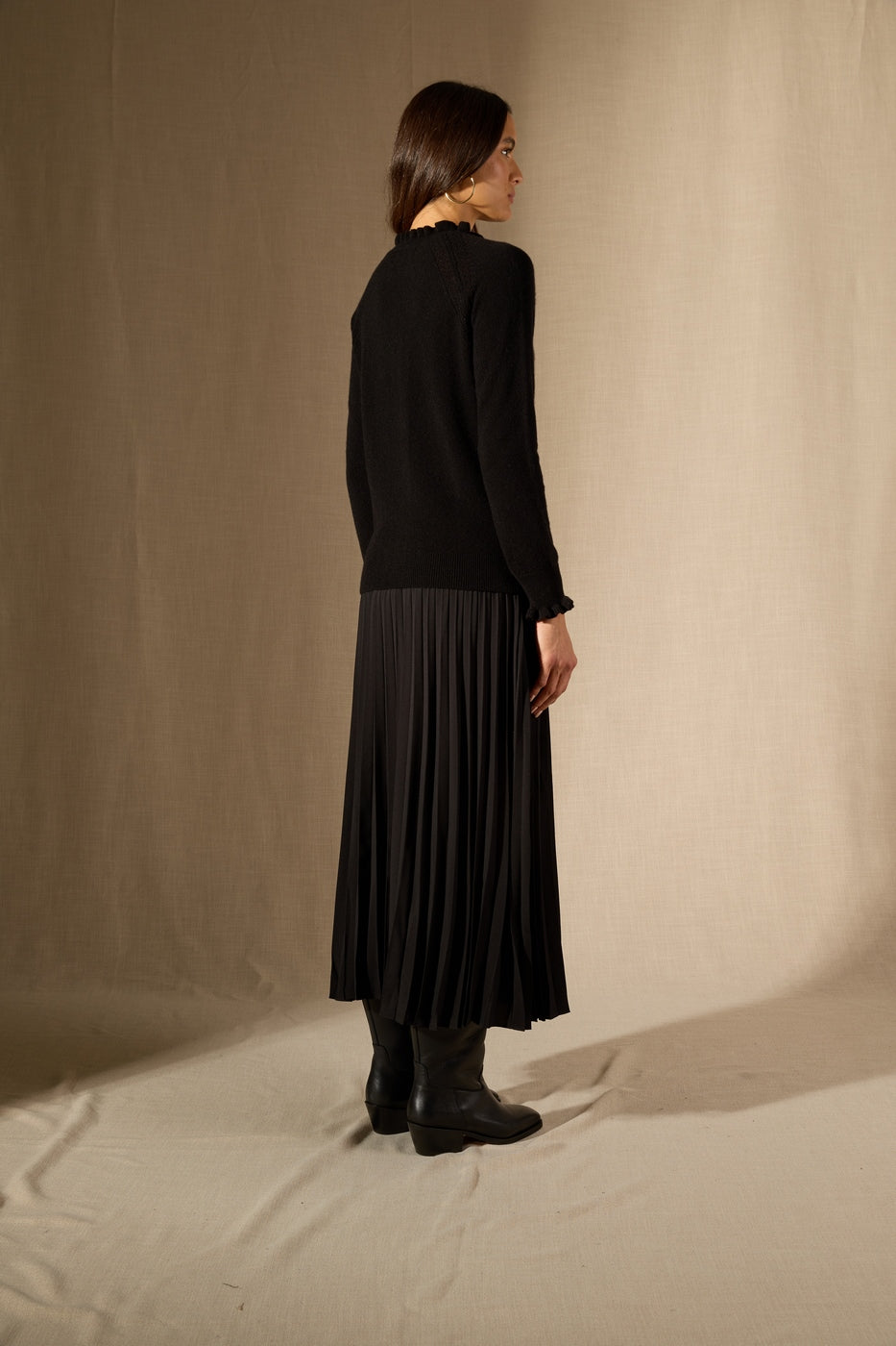 Pull Col Rond Volant Poignet Et Col Arlenia - 100% Cachemire 2 Fils - Noir - Women