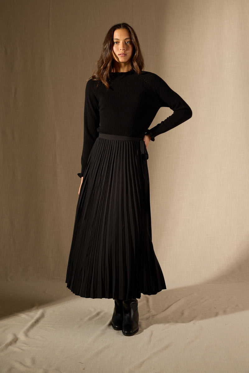 Jersey de cuello redondo con puño con volante y cuello Arlenia - 100% Cachemira 2 capas - Negro - Mujer