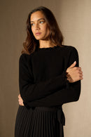Jersey de cuello redondo con puño con volante y cuello Arlenia - 100% Cachemira 2 capas - Negro - Mujer