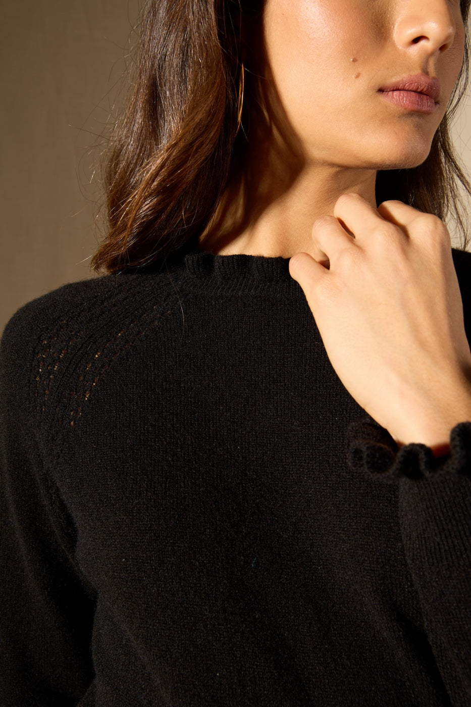 Pull Col Rond Volant Poignet Et Col Arlenia - 100% Cachemire 2 Fils - Noir - Women