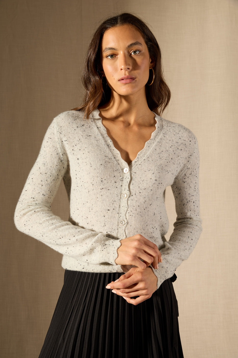 V-Neck Cardigan Leora - 100% 2-Ply Cashmere - Grey/Black - Women