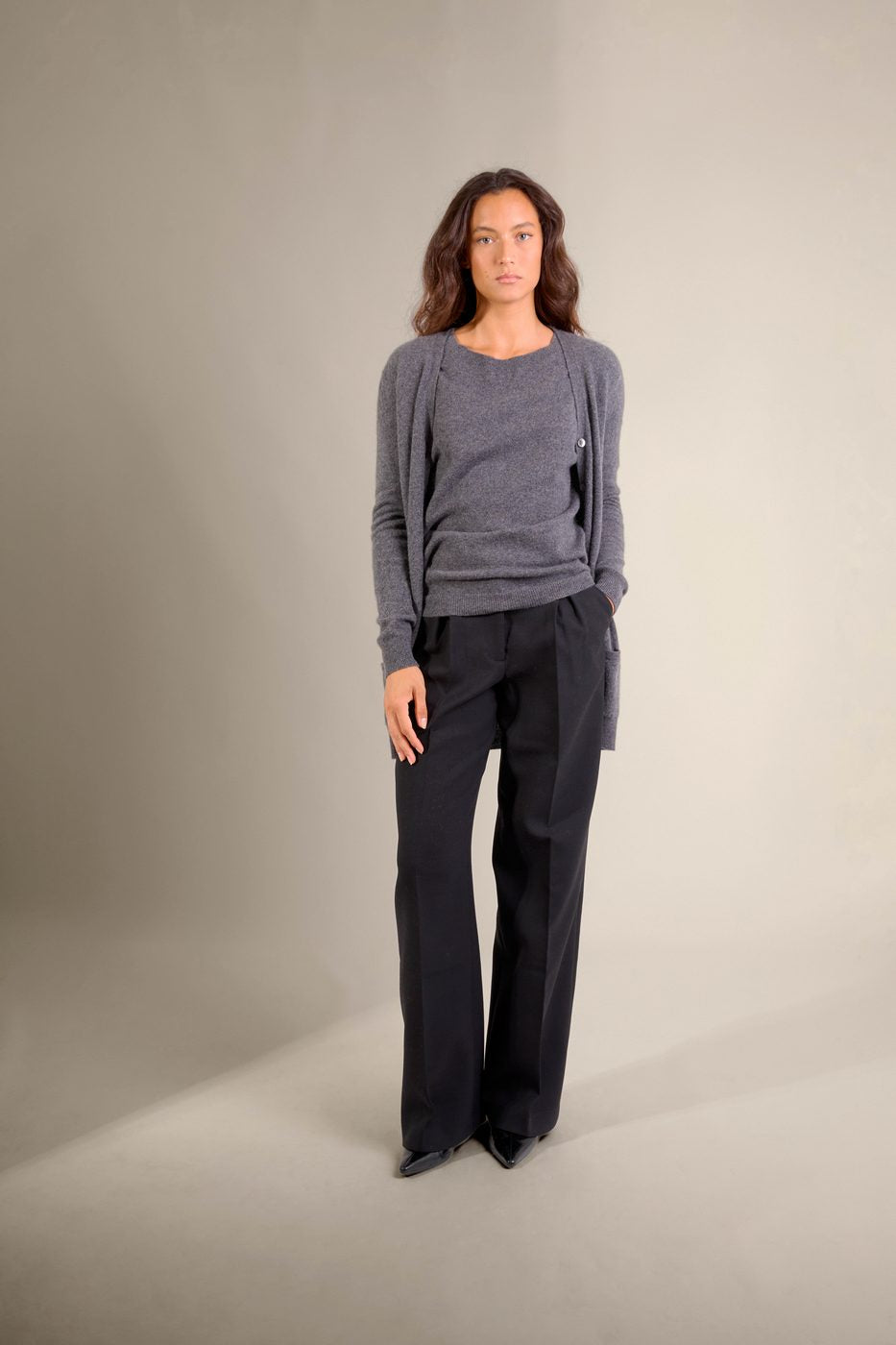 Cardigan Col V Pearl - Anthracite Chiné