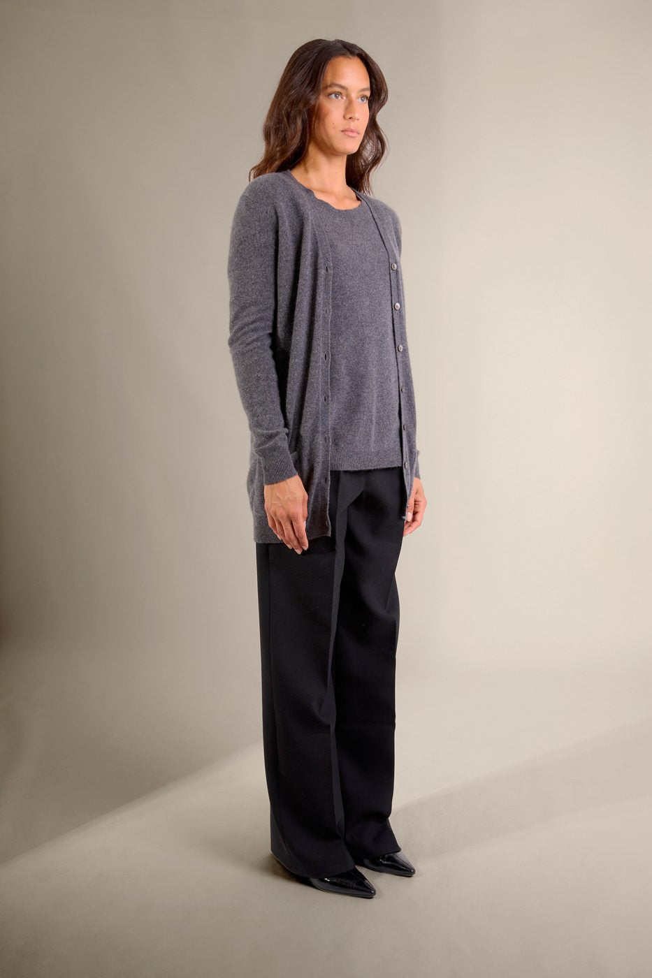 Cardigan Col V Pearl - Anthracite Chiné