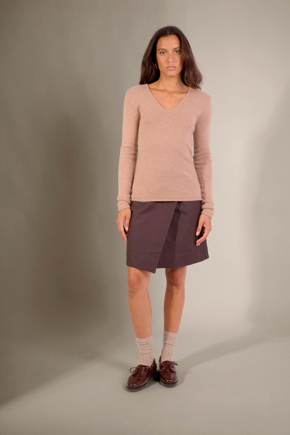 Maglione Collo A V 4 Fili Gaby - Cammello Melange