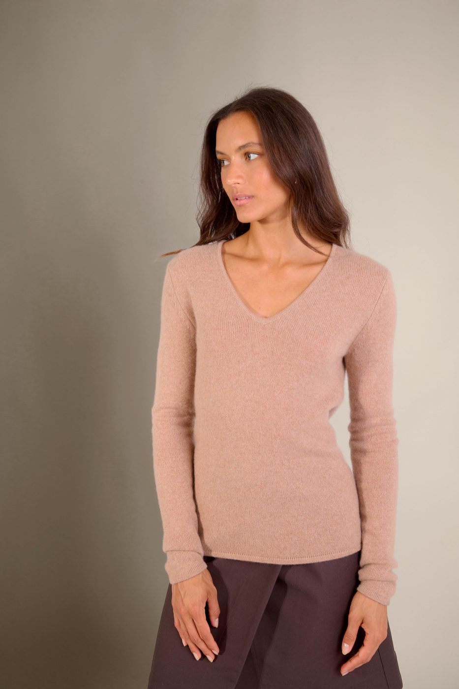 Maglione Collo A V 4 Fili Gaby - Cammello Melange