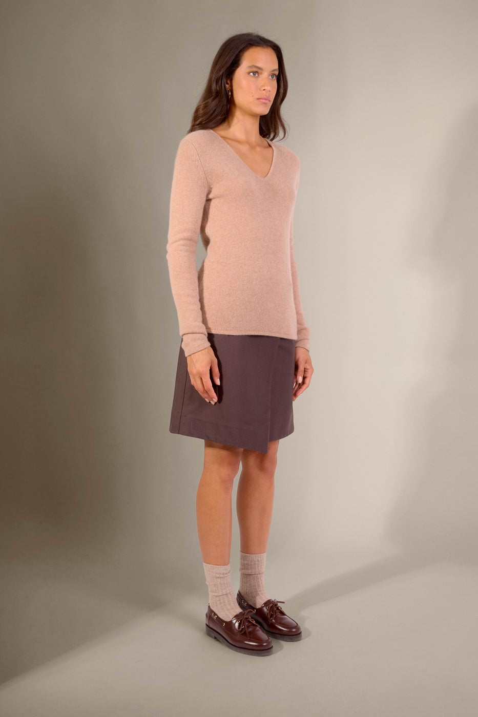 Maglione Collo A V 4 Fili Gaby - Cammello Melange
