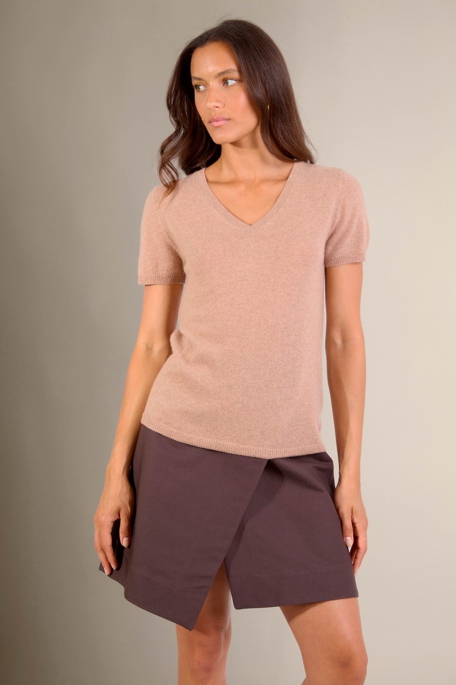 T-Shirt Col V Efimia - Camel Chiné