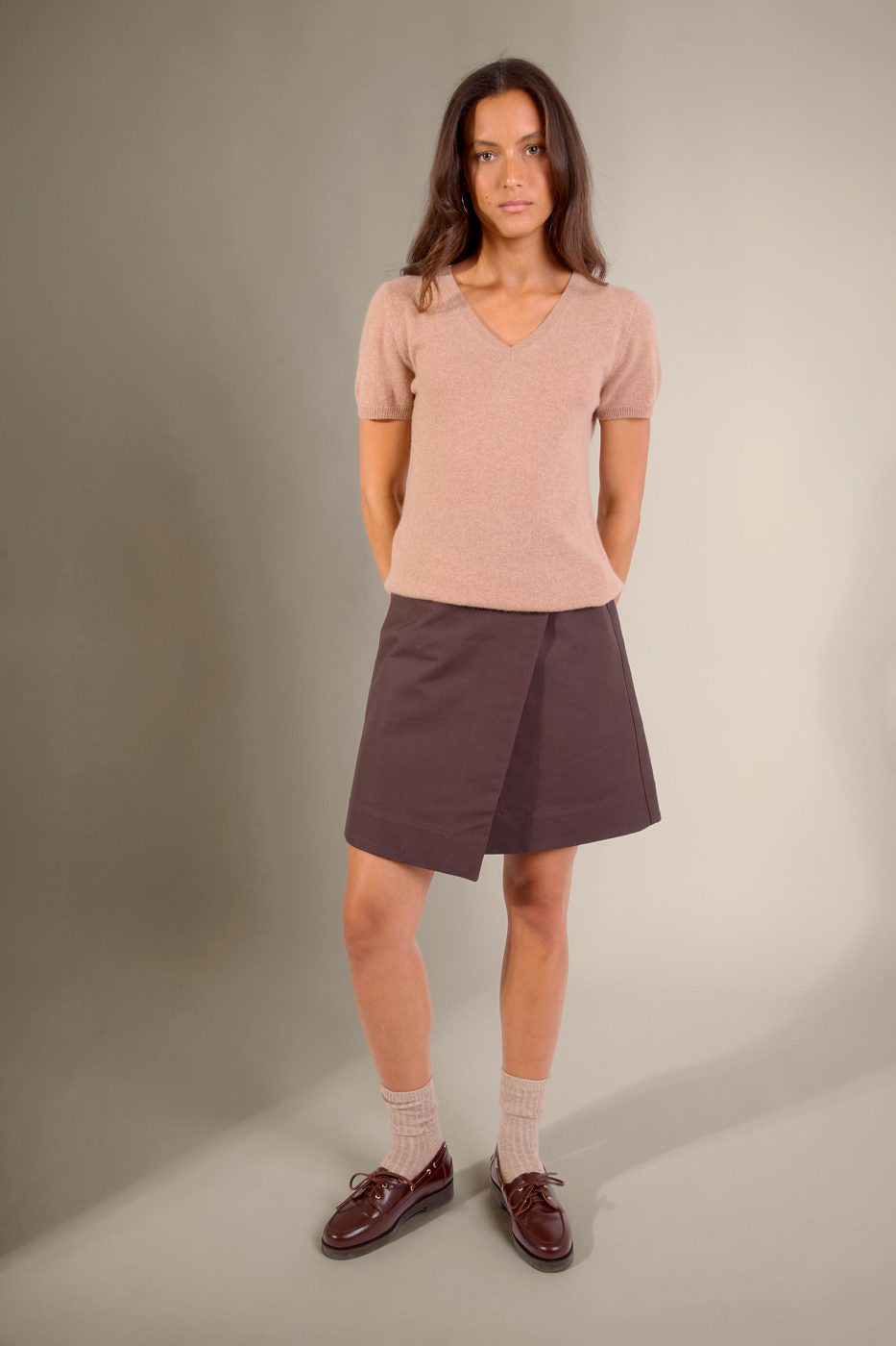 T-Shirt Col V Efimia - Camel Chiné