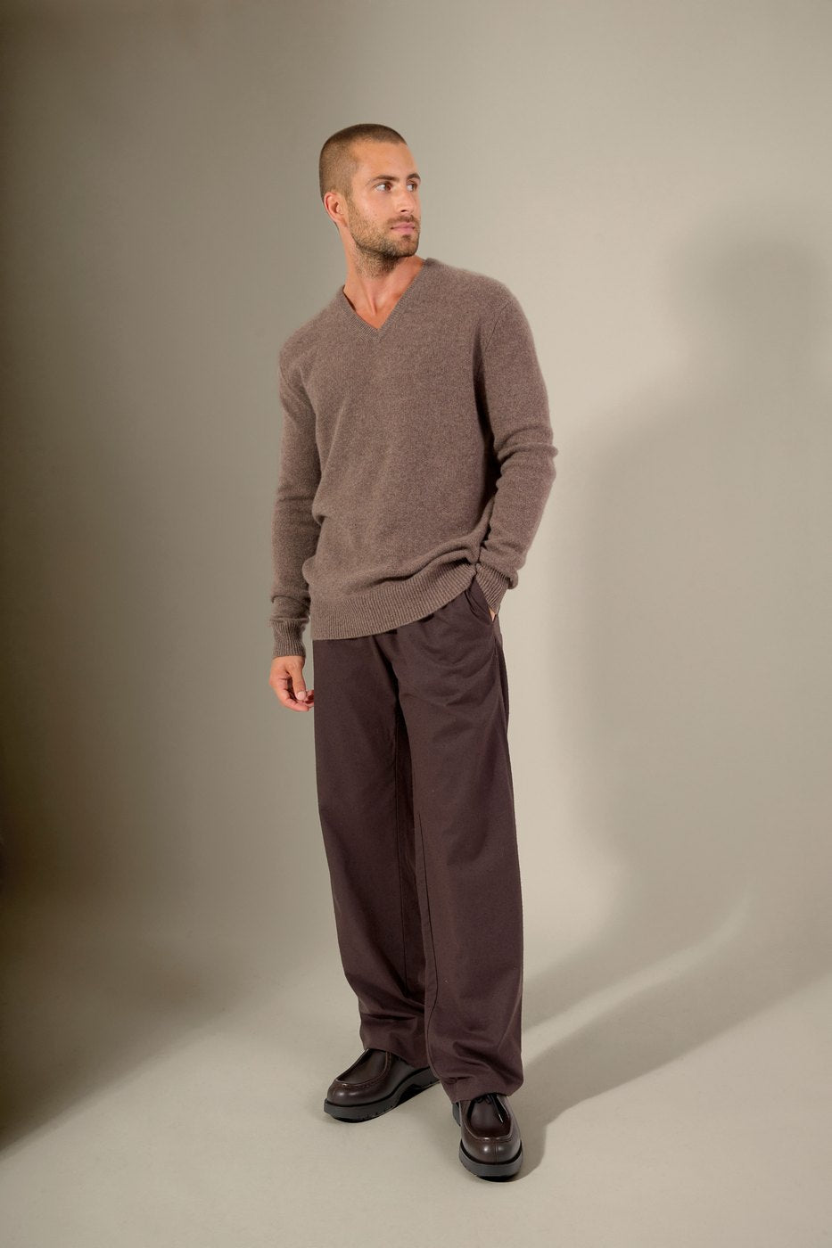 V-Neck Sweater, 4-Ply - Enzo - Heather Taupe