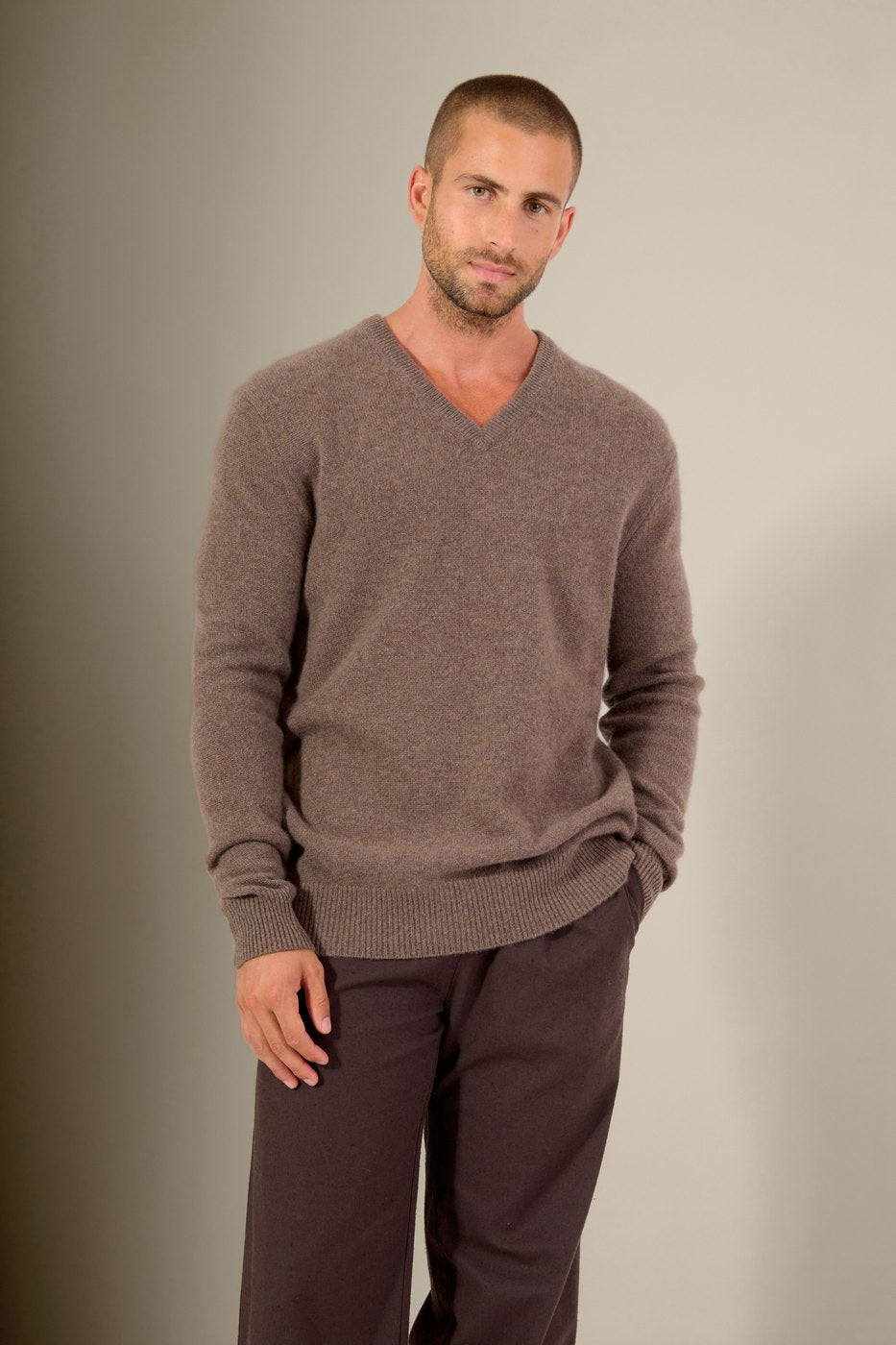 V-Neck Sweater, 4-Ply - Enzo - Heather Taupe