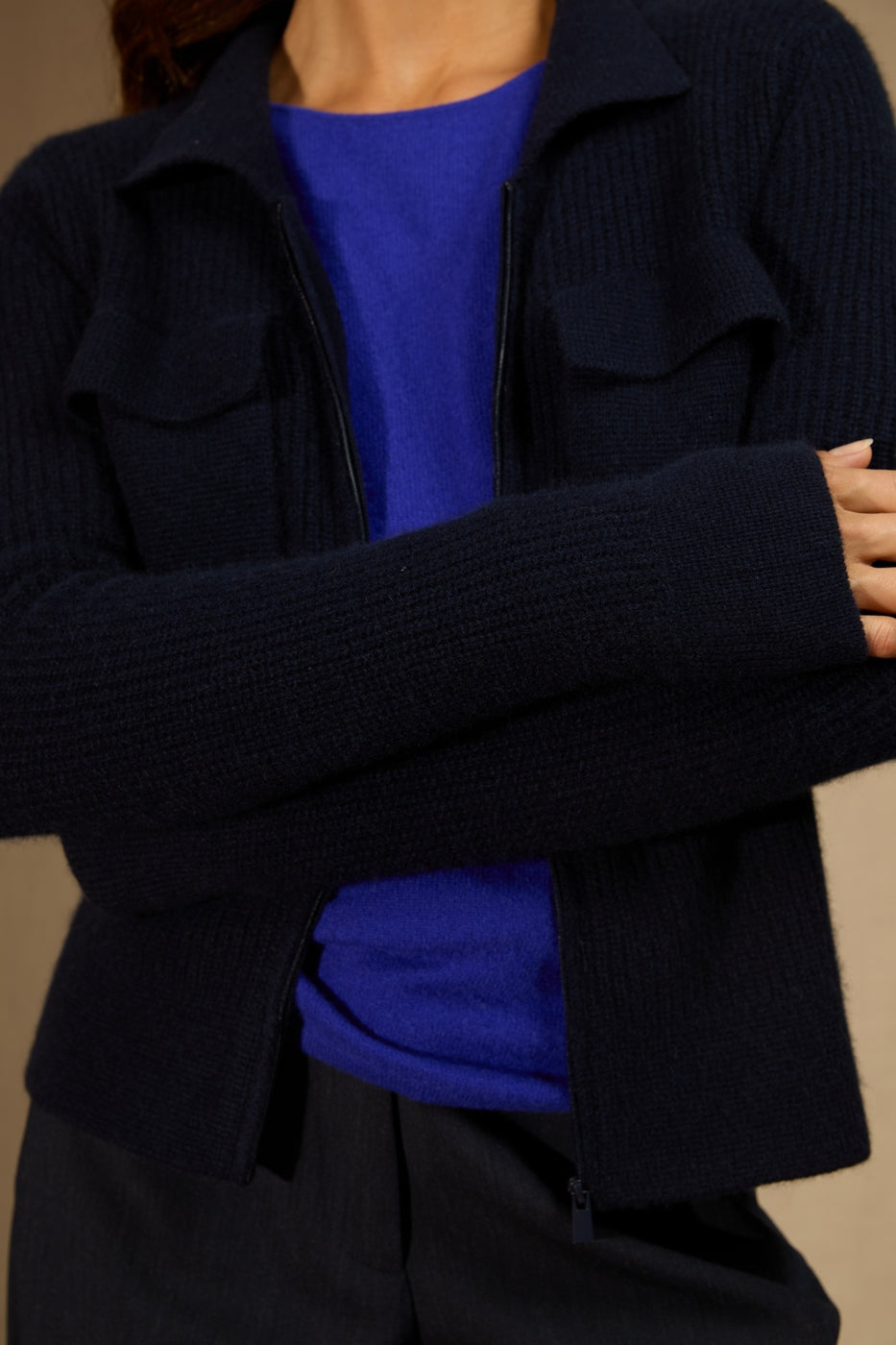 Veste Courte Zippée Col Chemise 4 Fils Sara - Marine
