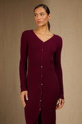 Vestido Abotonado Cuello en V - Maria - Burdeos