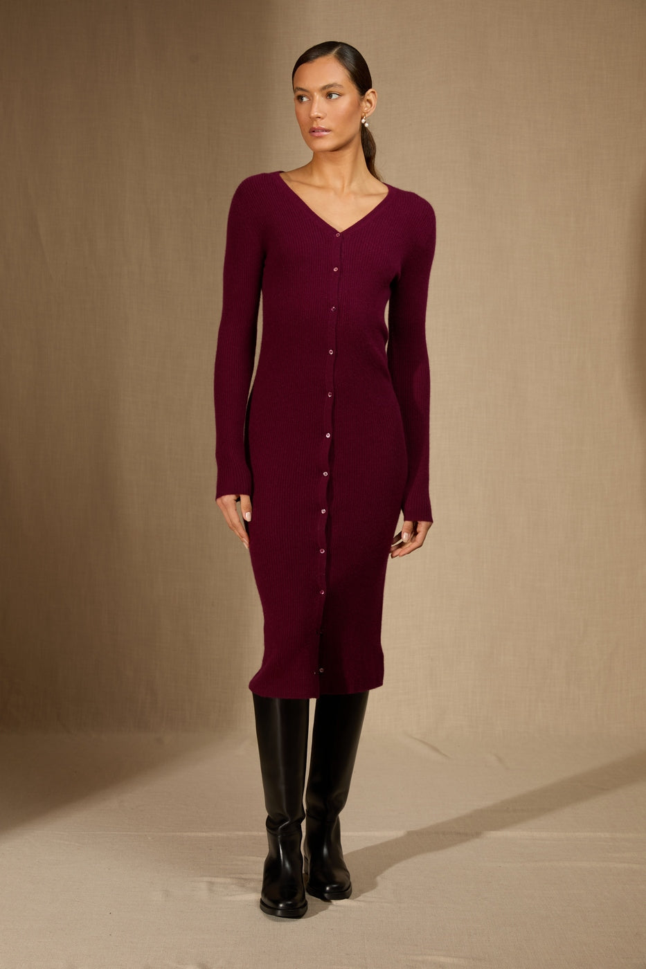 Vestido Abotonado Cuello en V - Maria - Burdeos