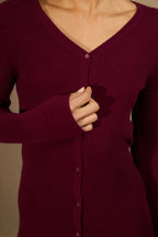 Vestido Abotonado Cuello en V - Maria - Burdeos