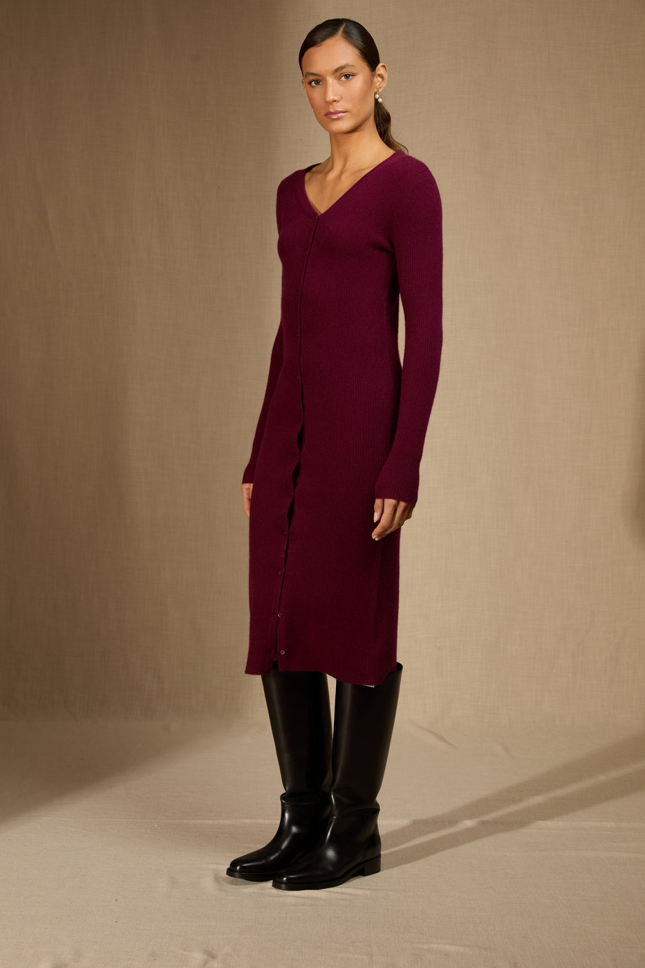 Vestido Abotonado Cuello en V - Maria - Burdeos