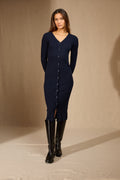 Robe Boutonnée Col V Maria - Marine
