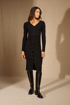 Robe Boutonnée Col V Maria - Noir