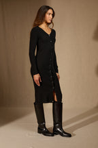 Robe Boutonnée Col V Maria - Noir