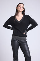 Pull Col V Rib Couleur Perla - Noir Argente - Femme