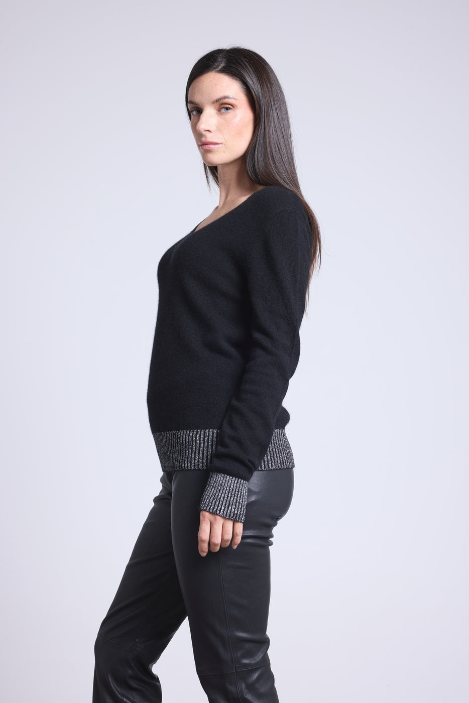 Perla Colour Ribbed V-Neck Jumper - Silver Black - Women - 100% Cashmere