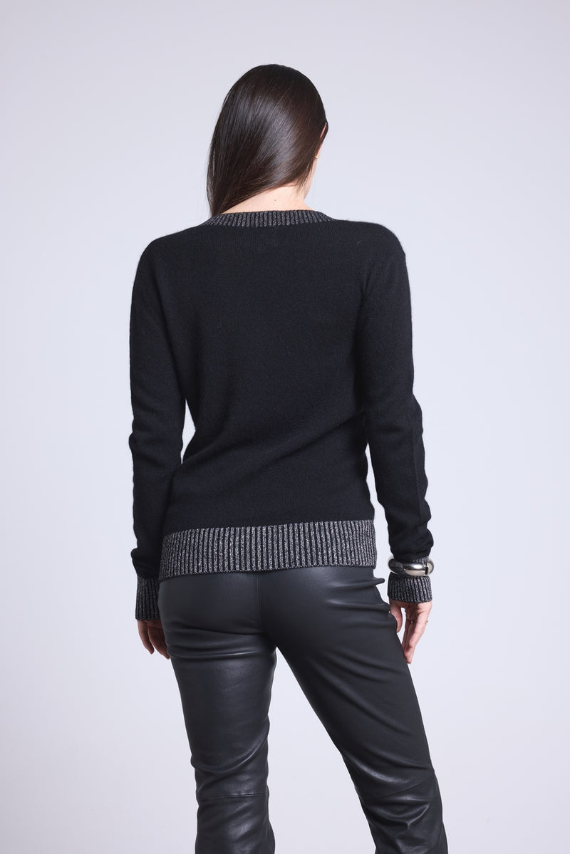 Pull Col V Rib Couleur Perla - Noir Argente - Femme