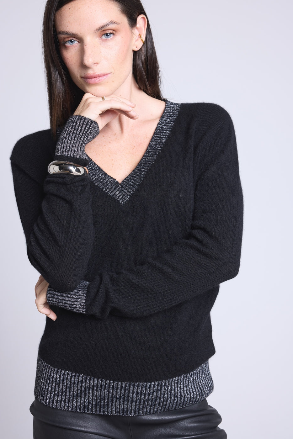 Perla Colour Ribbed V-Neck Jumper - Silver Black - Women - 100% Cashmere